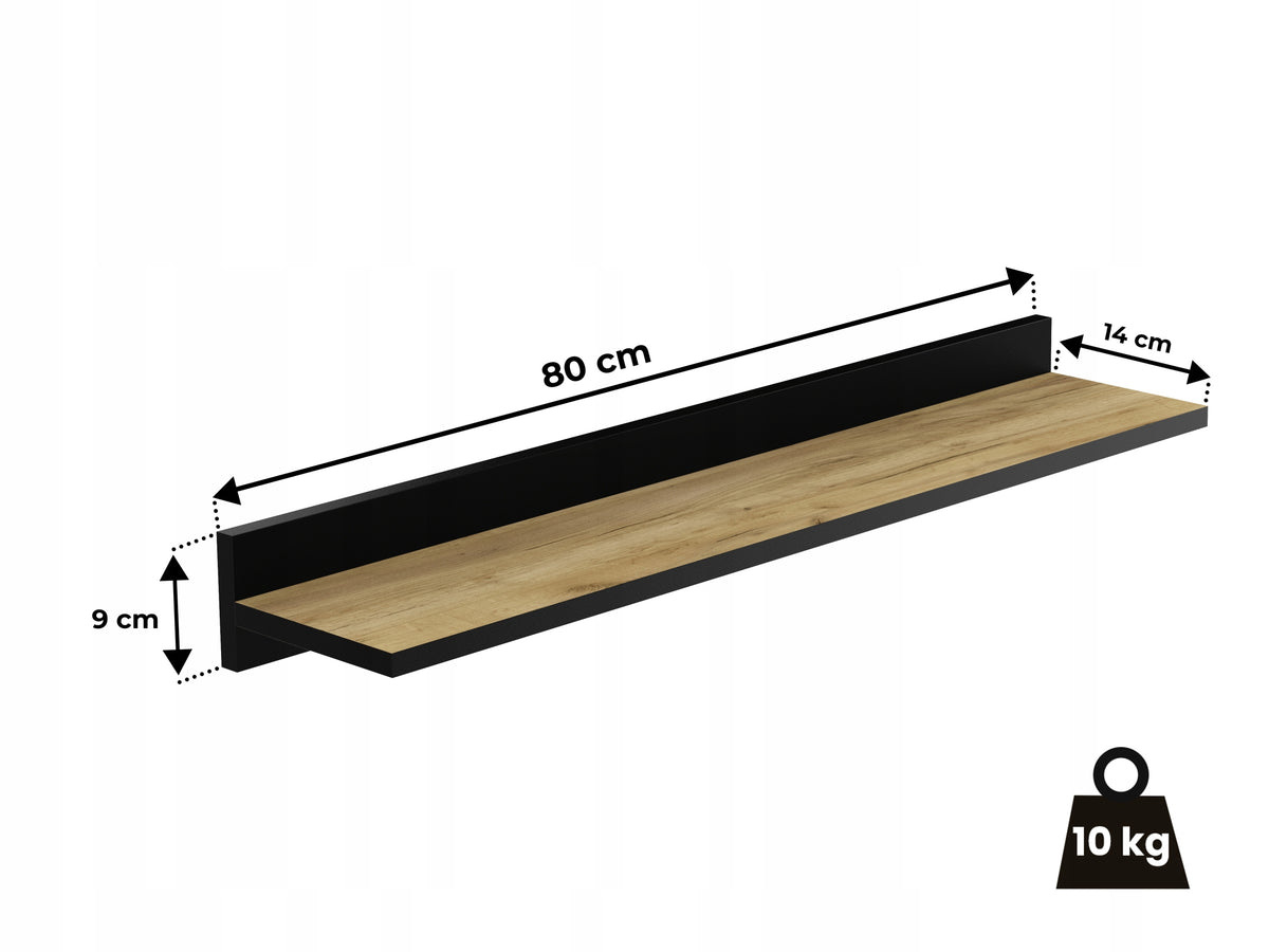 Dviejų sieninių lentynų rinkinys 80 cm, ąžuolo spalva su juodu kraštu – nuotrauka 2