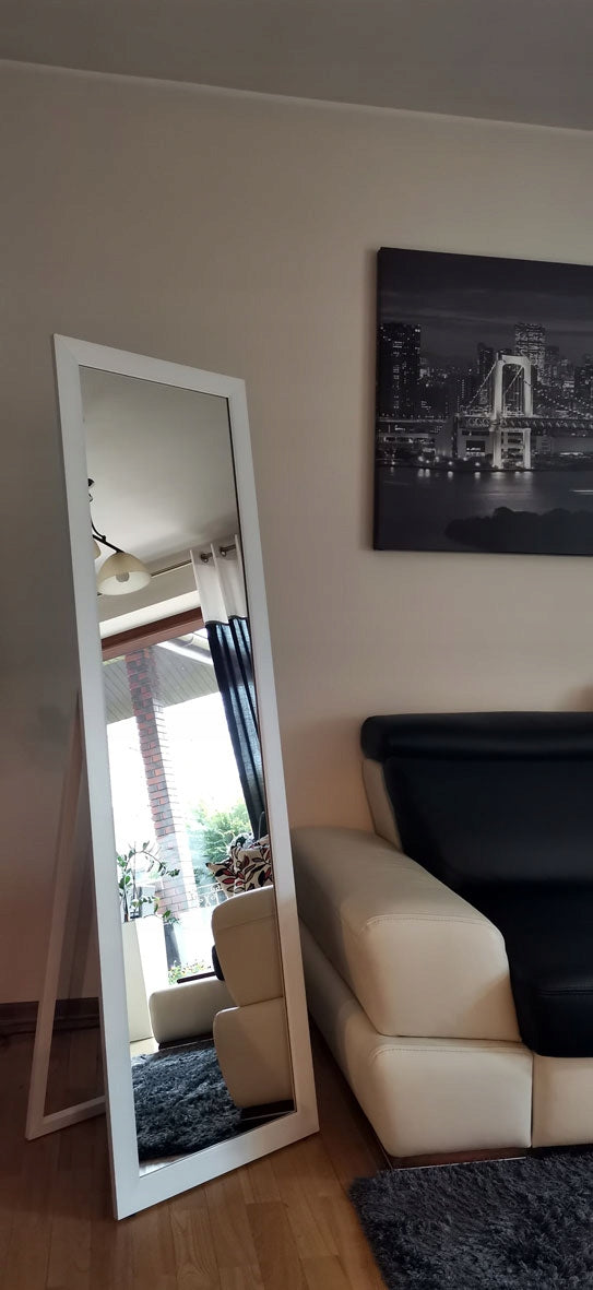 Aukštas grindų veidrodis 170×50 cm, baltas platus rėmas – nuotrauka 3
