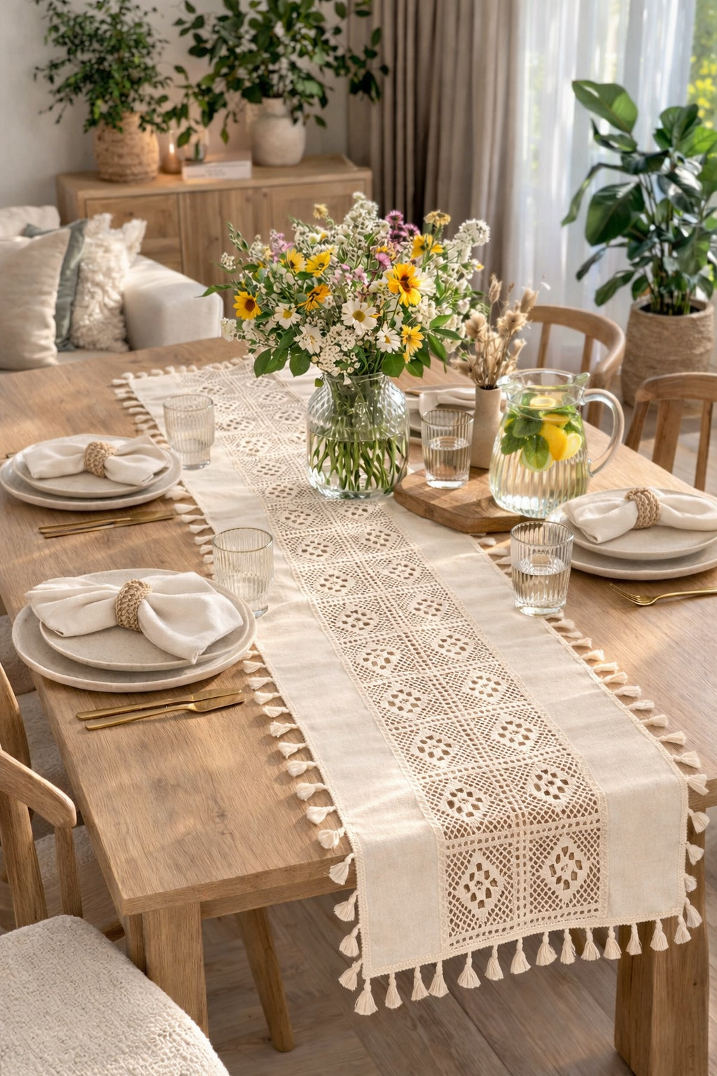 Boho nertas stalo takelis su kutais 60×120 cm – nuotrauka 5