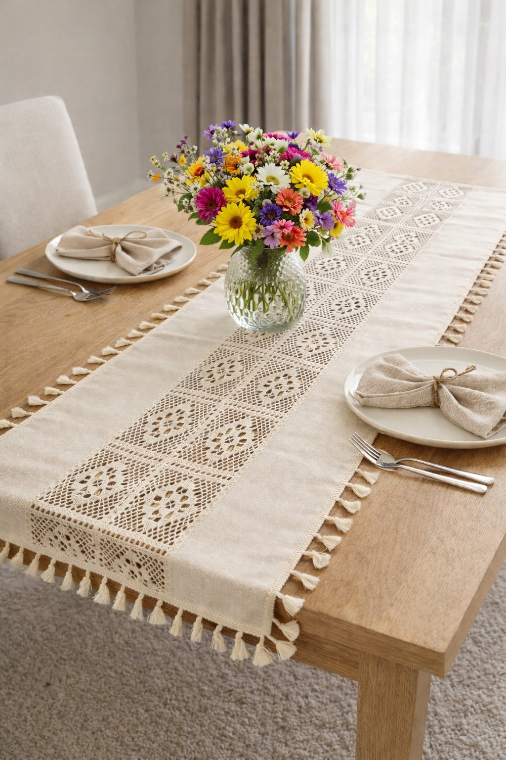 Boho nertas stalo takelis su kutais 60×120 cm – nuotrauka 4