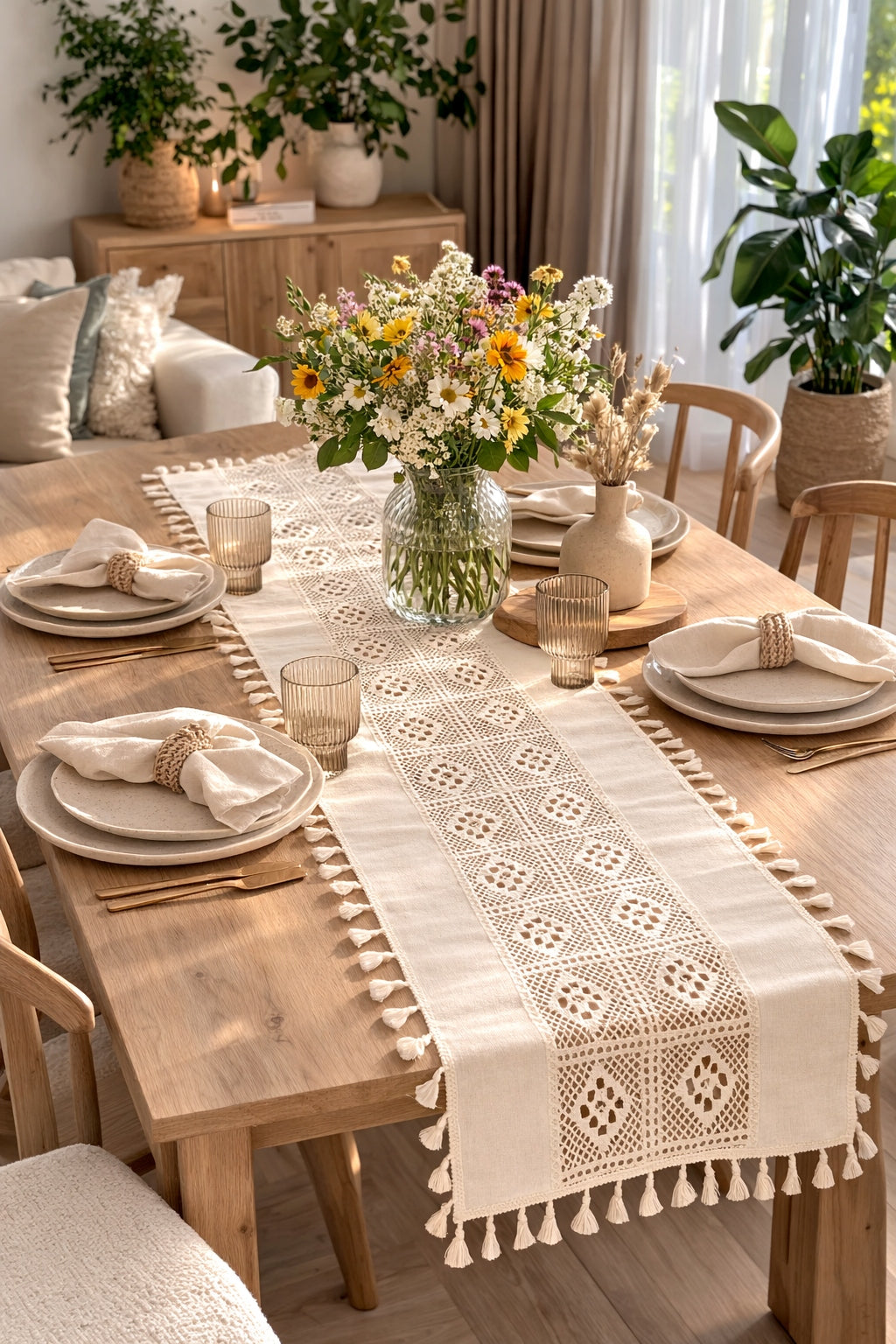 Boho nertas stalo takelis su kutais 60×120 cm – nuotrauka 2