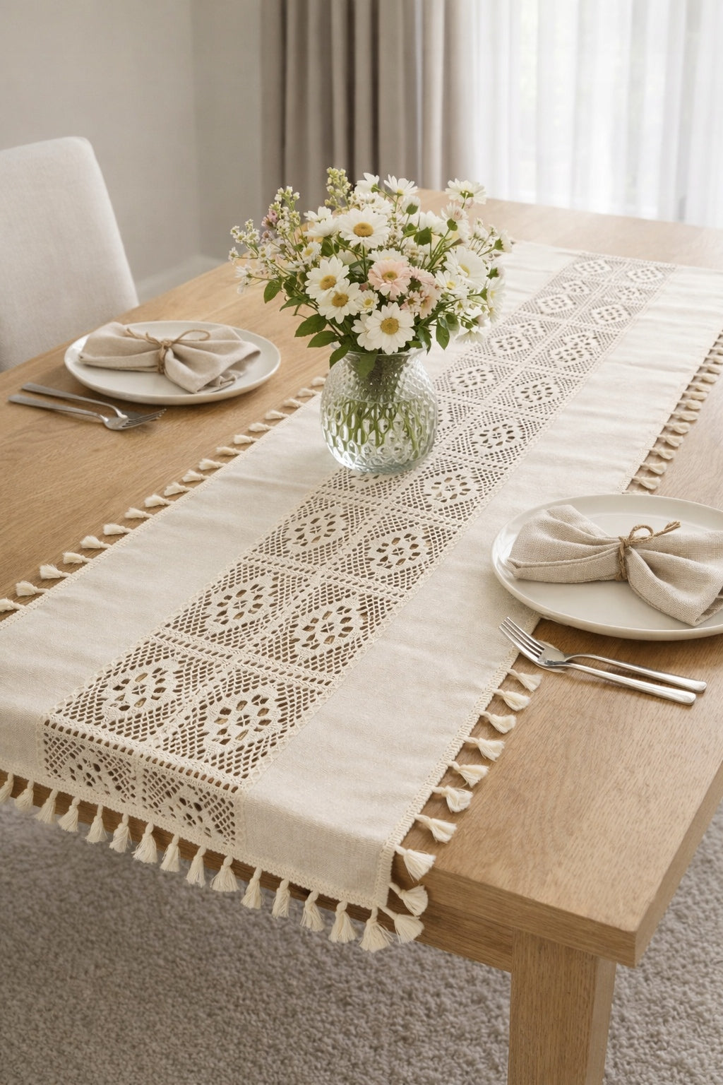 Boho nertas stalo takelis su kutais 60×120 cm – nuotrauka 3