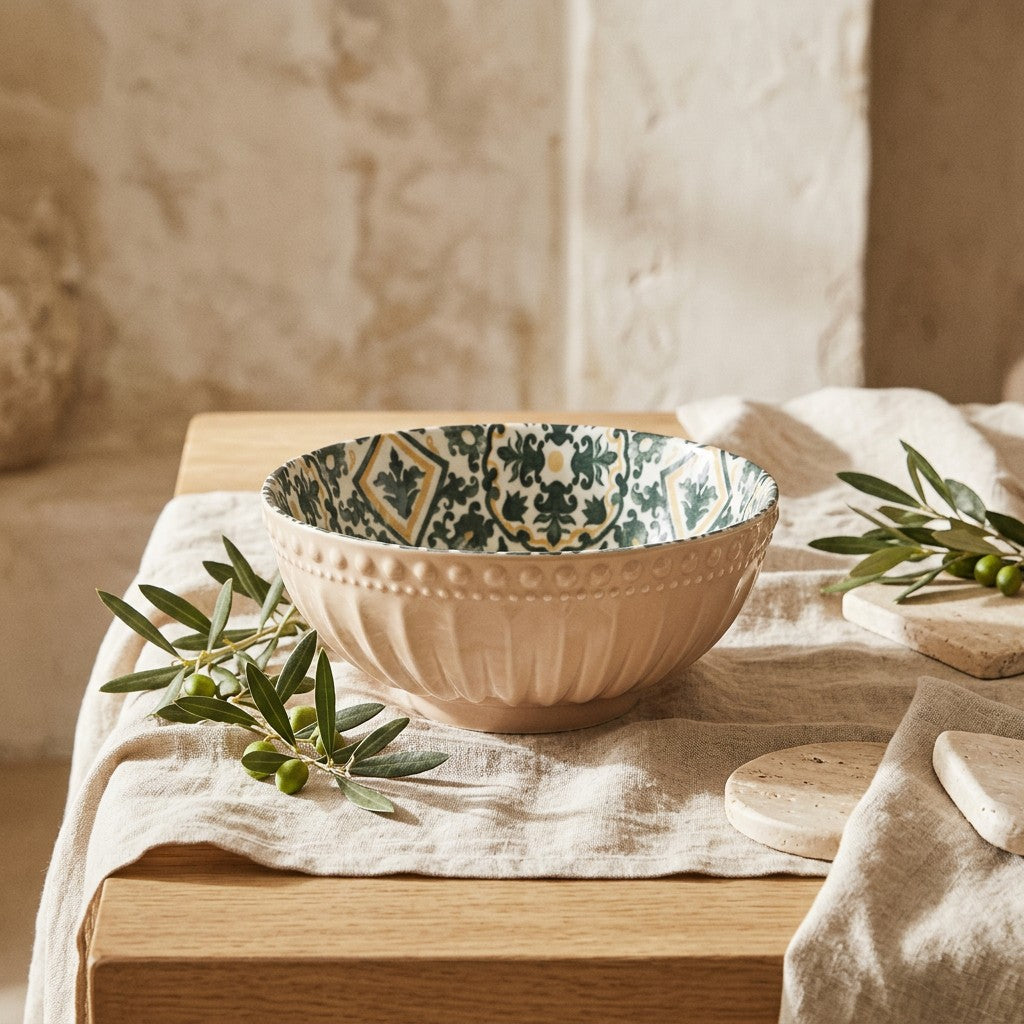 Akmens masės dubuo 20 cm, smėlio spalvos (Mosaique) interjere