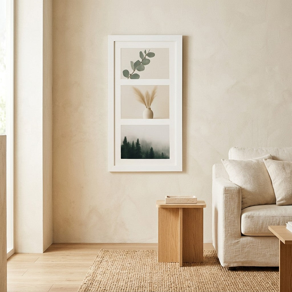 Baltas rėmelis trims nuotraukoms, 20,5×37,5 cm interjere