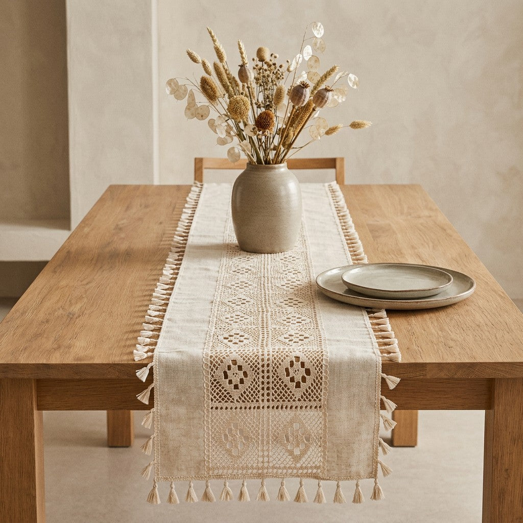 Boho nertas stalo takelis su kutais 60×120 cm interjere