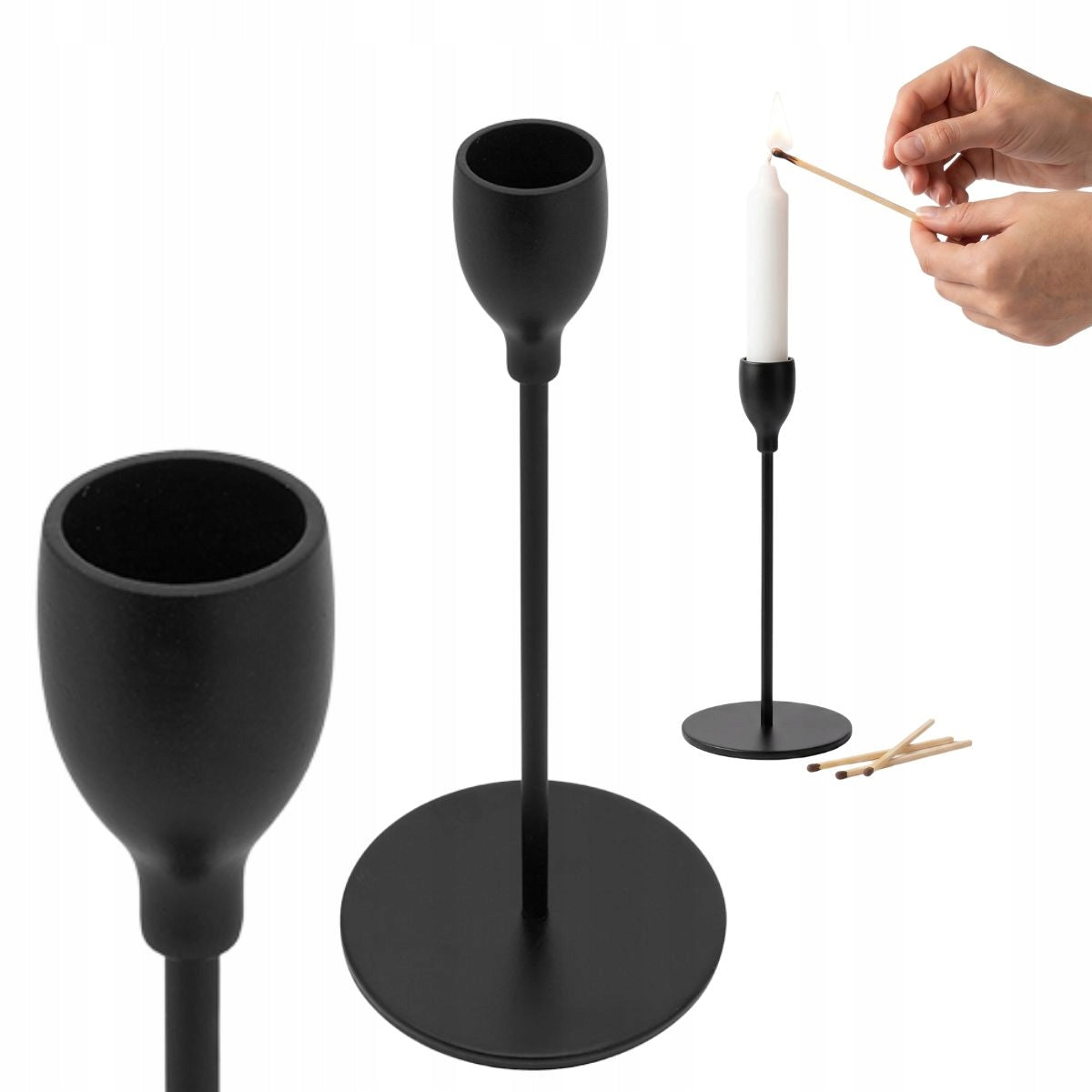 Juoda metalinė žvakidė ilgai žvakei, 18 cm – nuotrauka 1