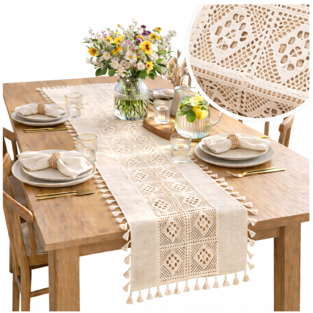 Boho nertas stalo takelis su kutais 60×120 cm – nuotrauka 1
