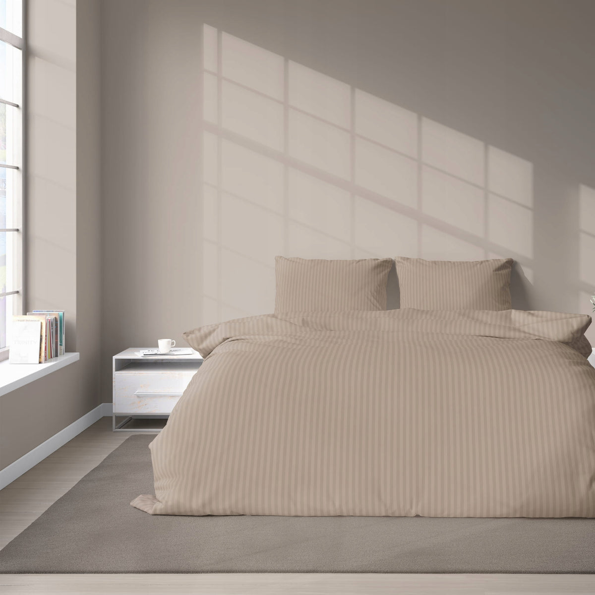 Medvilnės damasto patalynė su juostelėmis, taupe, 200×220 cm