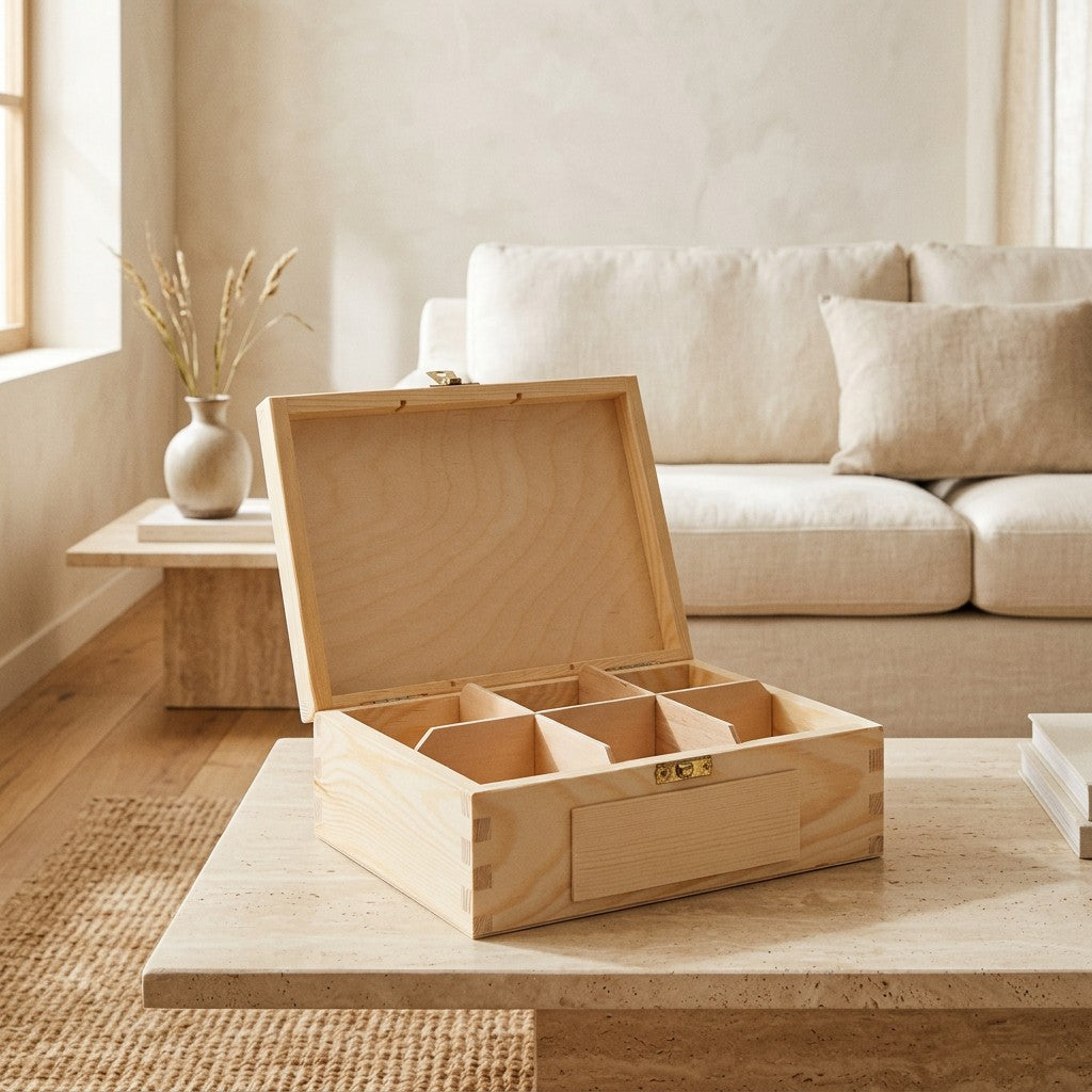 Medinė dėžutė papuošalams ir arbatai su dangteliu 22×16 cm interjere