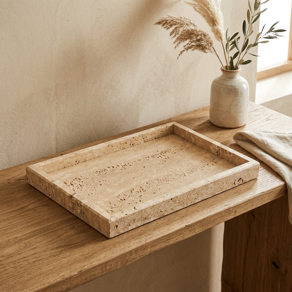 Natūralaus travertino padėklas 30×20 cm interjere