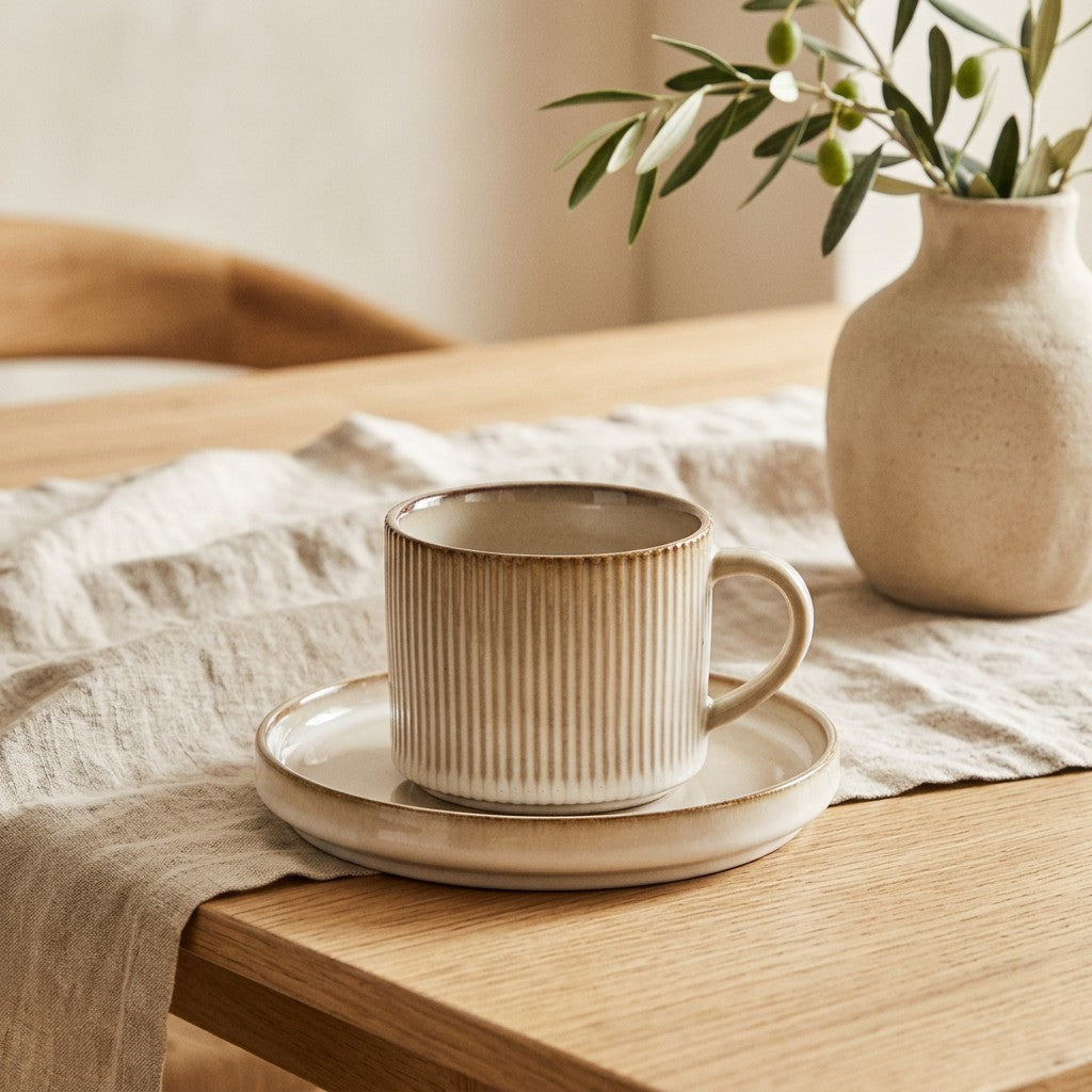Porcelianinis puodelis su lėkštute 250 ml, smėlio spalvos interjere