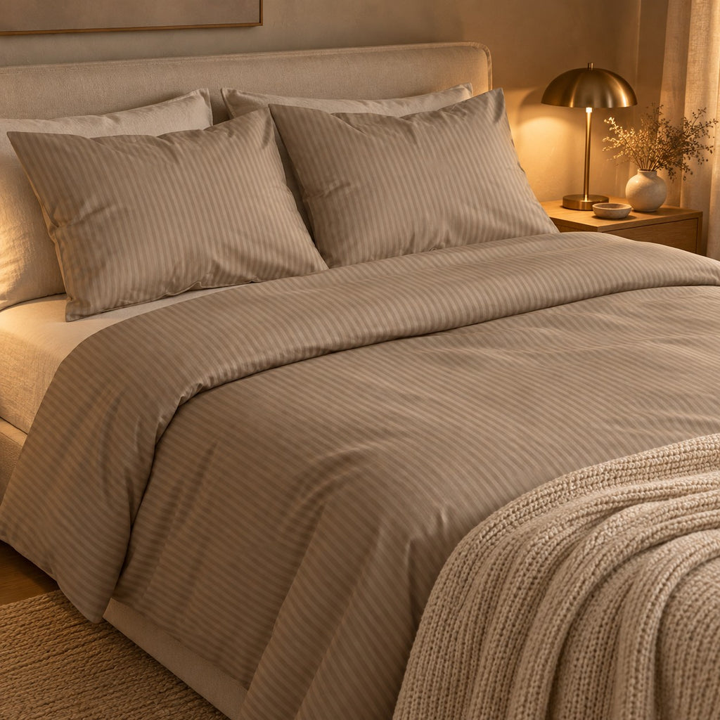 Medvilnės damasto patalynė su juostelėmis, taupe, 200×220 cm