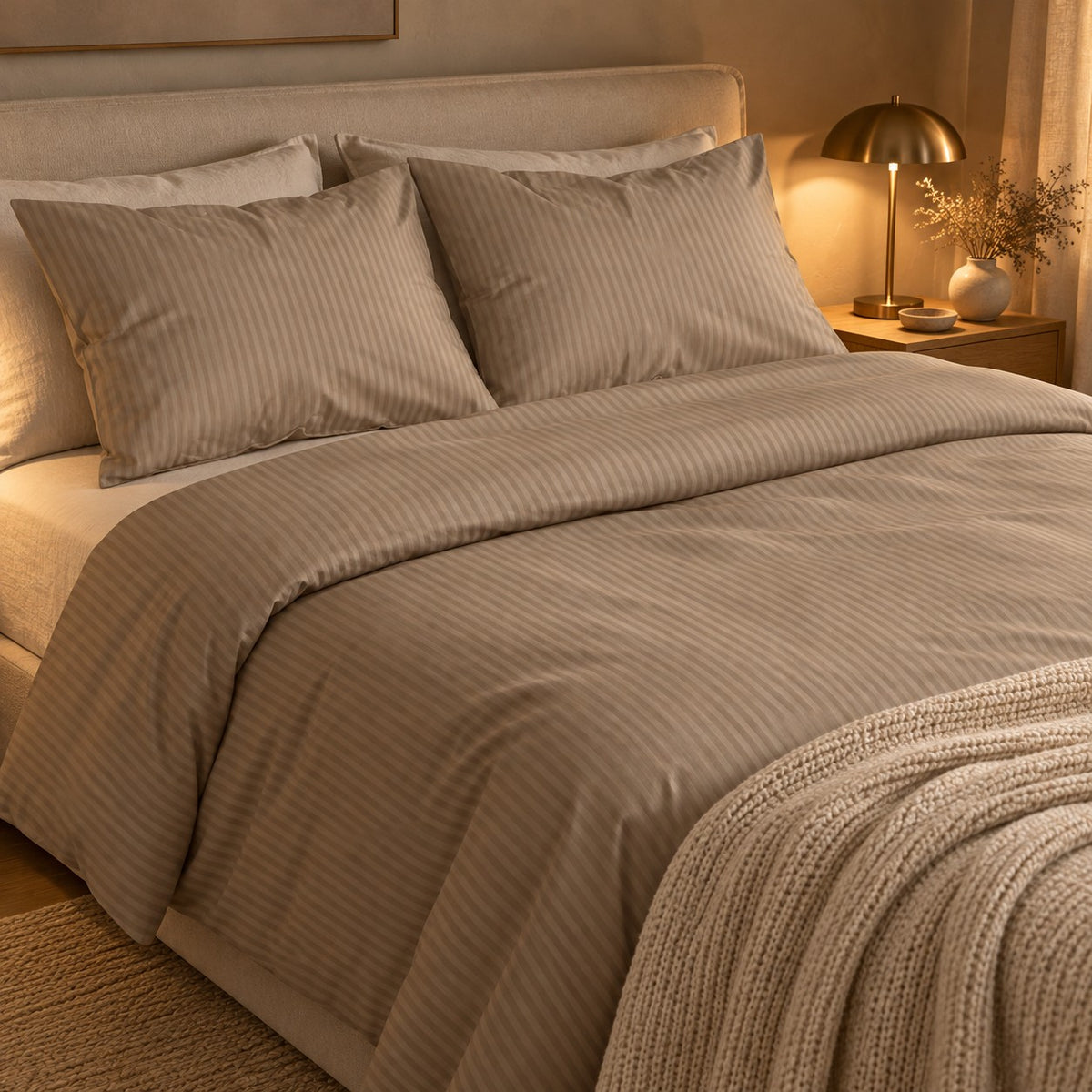 Medvilnės damasto patalynė su juostelėmis, taupe, 200×220 cm