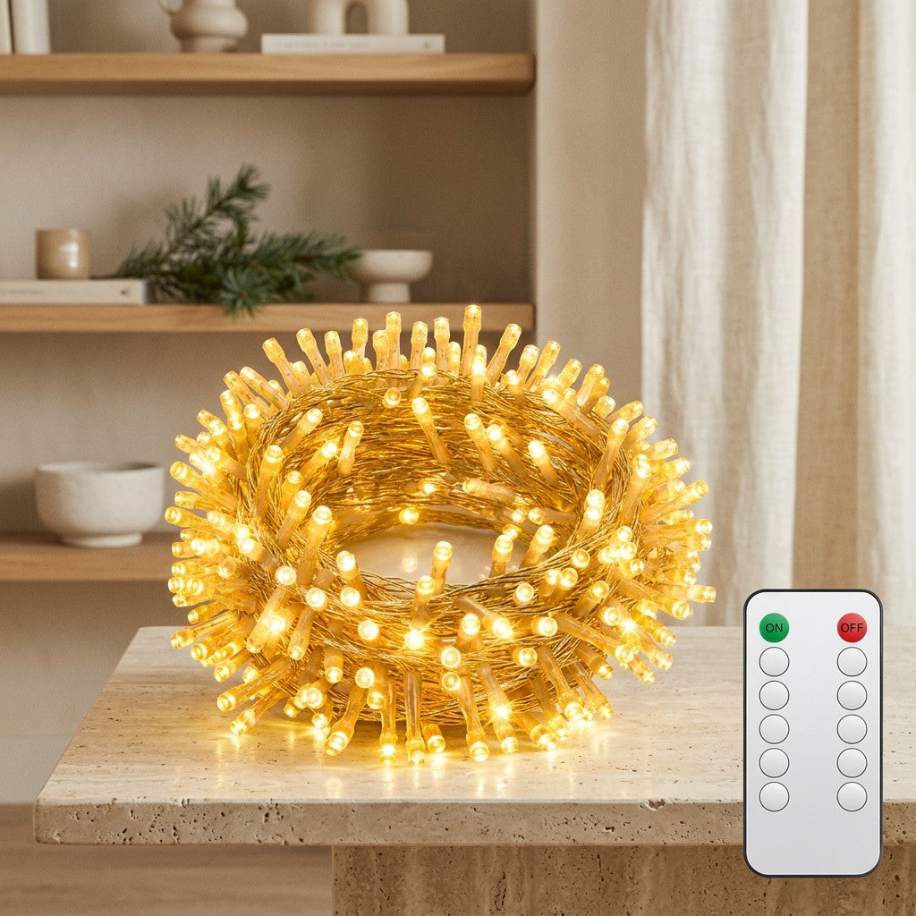 Šiltai baltos LED girliandos 20 m, 200 LED (vidui/lauke) interjere