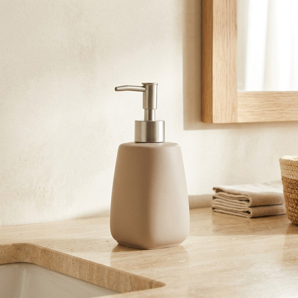 Smėlio spalvos keraminis muilo dozatorius 400 ml interjere
