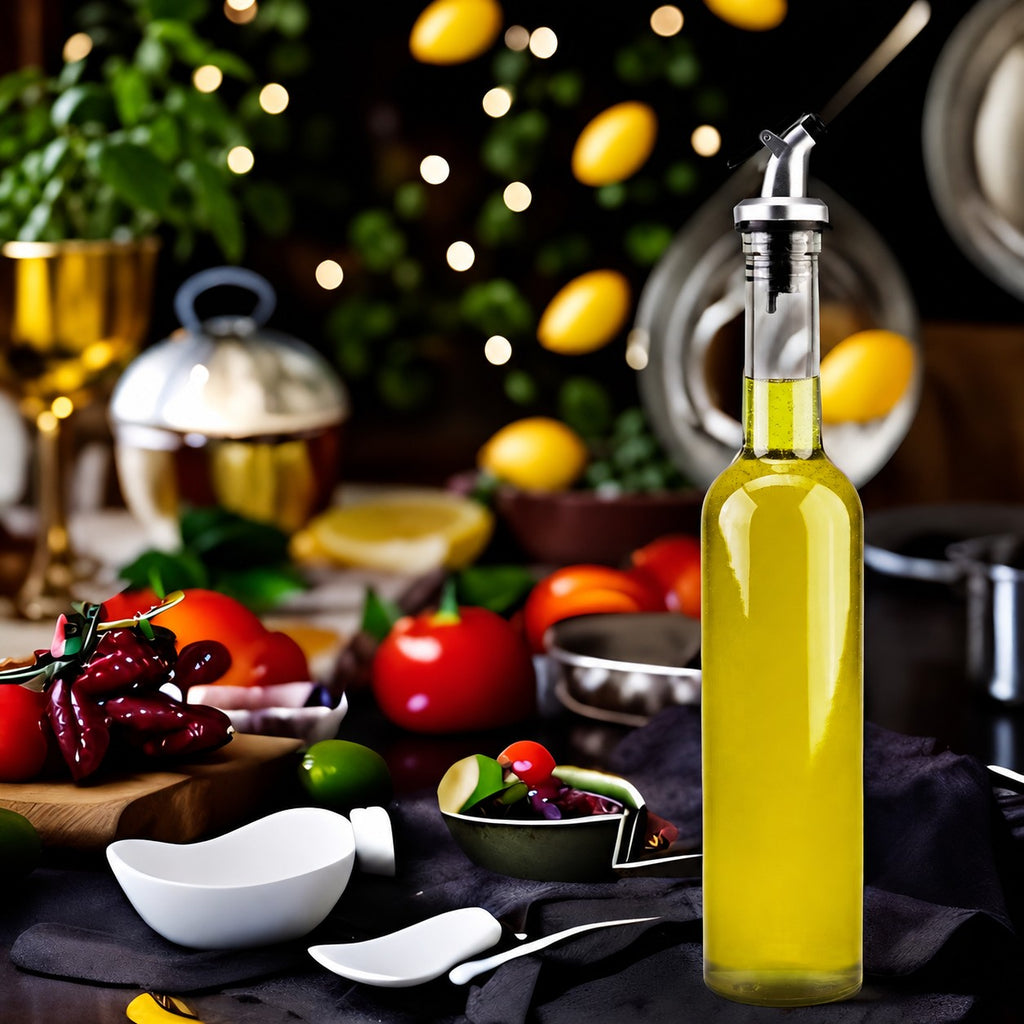 Stiklinis aliejaus butelis su pylimo antgaliu, 500 ml