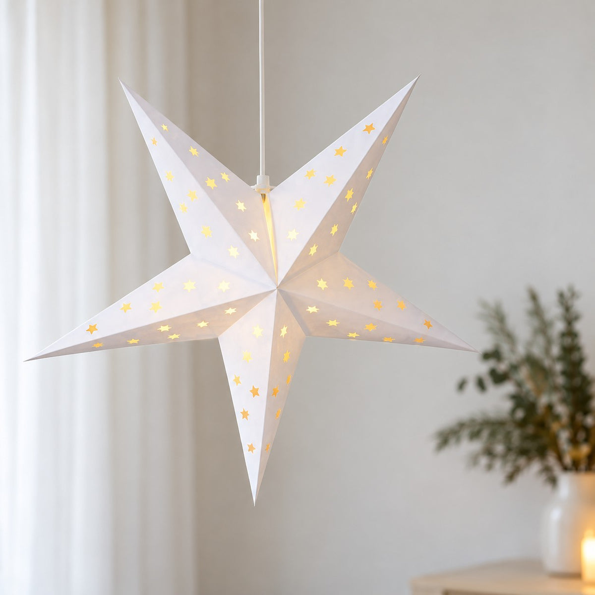 Balta popierinė LED žvaigždė langui su laikmačiu, 60 cm