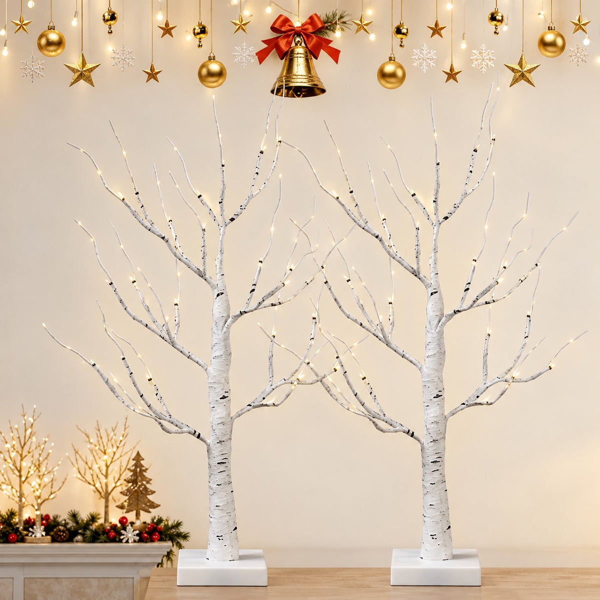 Balti dekoratyviniai beržiukai su LED, 60 cm, 2 vnt.